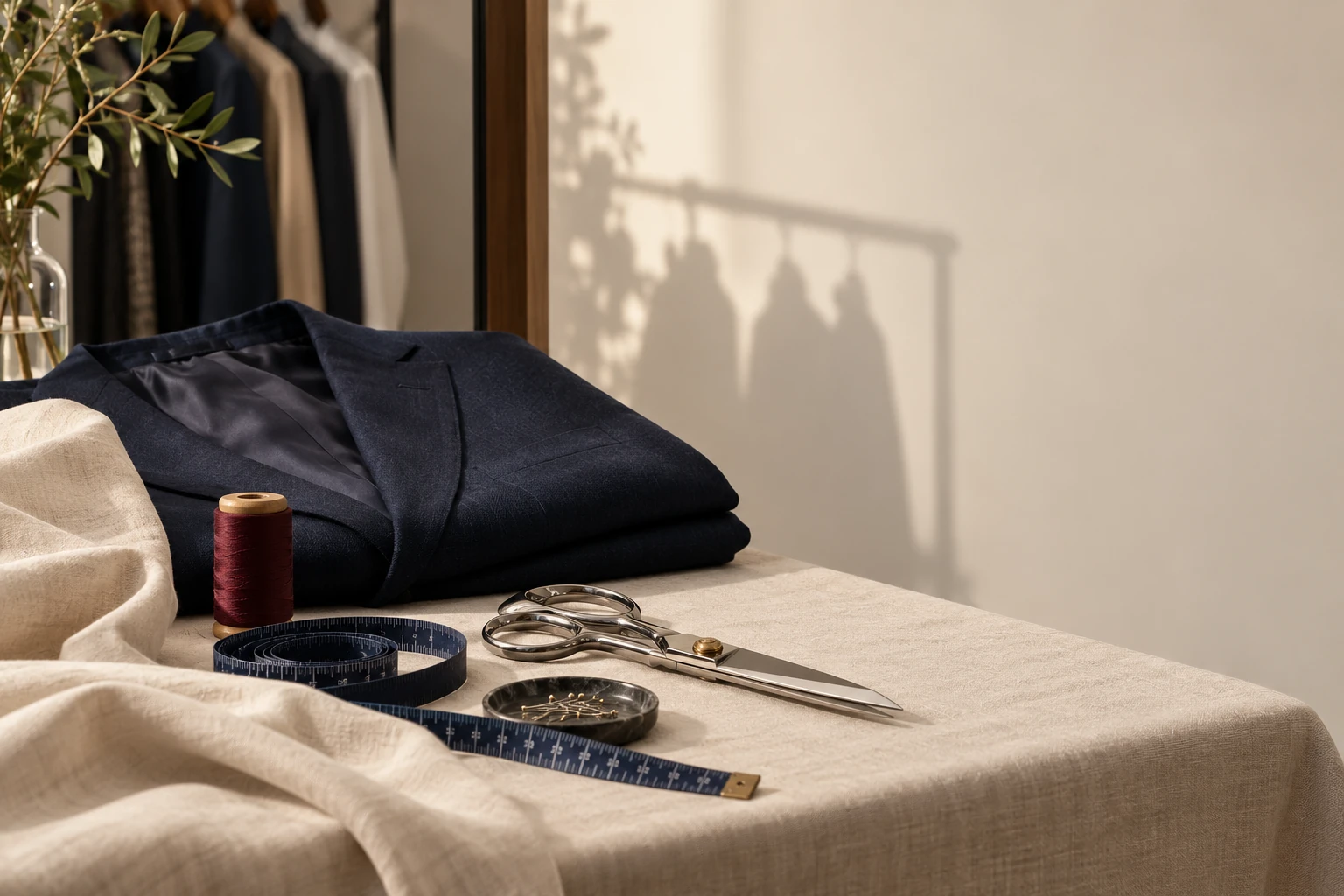 Illustrative tailoring still life with navy jacket, measuring tape, shears and oxblood thread; not a Graceful customer garment or storefront.